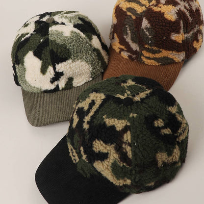 Sherpa Fleece Camo Baseball Cap with Corduroy Brim