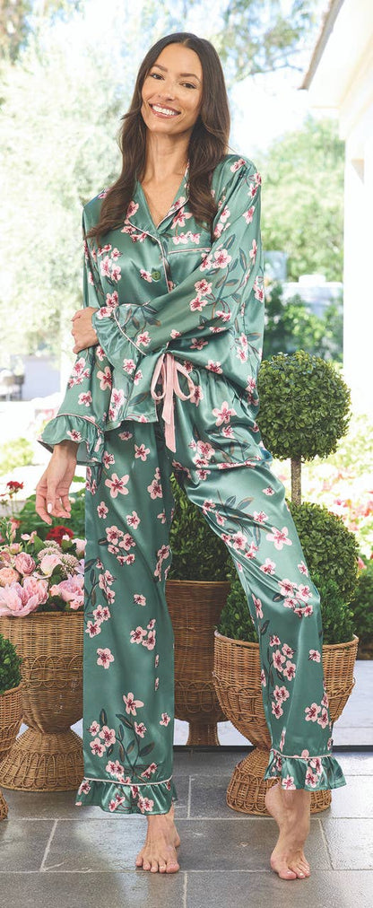 Ruffled PJ Set with Velvet Tie - Green + Cherry Blossoms
