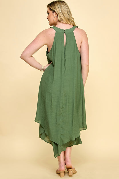 Plus Size Gauze Knit High Low Dress-Olive