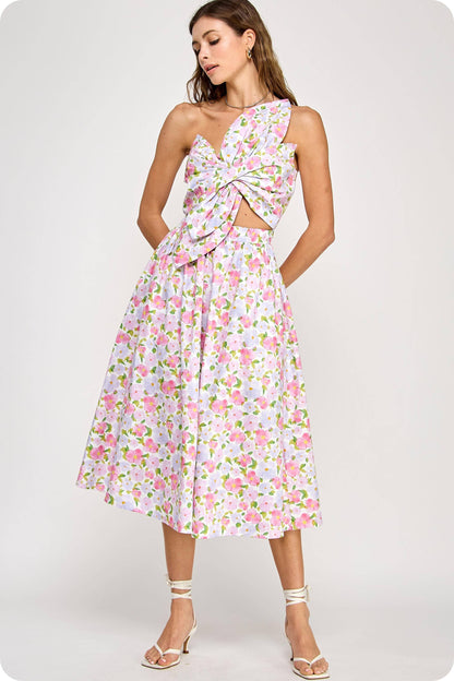 Strut & Bolt - Knotted Flower Bow Floral Print Midi Dress