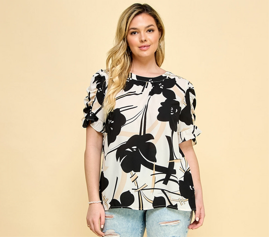 Elbow Sleeve Side Ruffle Blouse