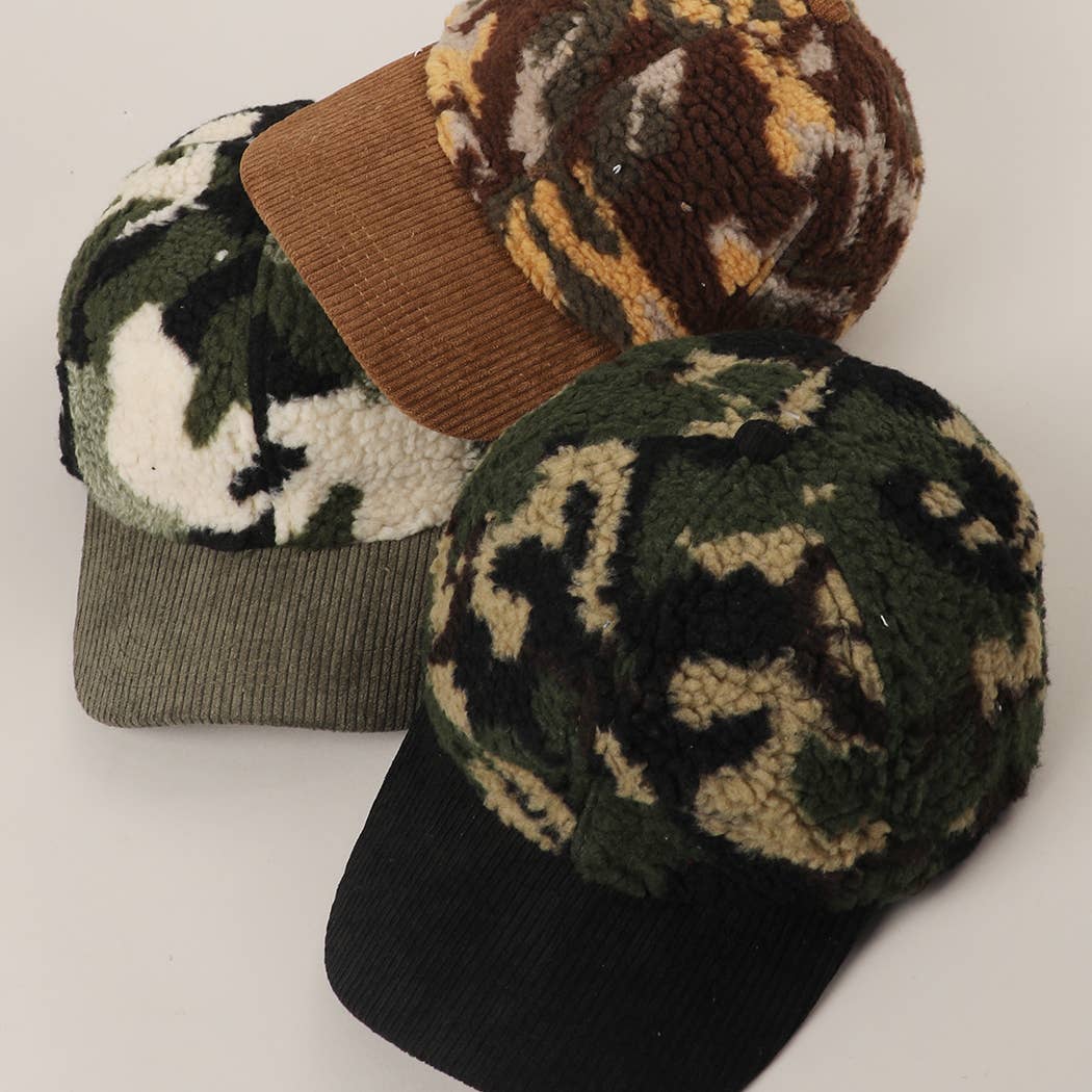 Sherpa Fleece Camo Baseball Cap with Corduroy Brim