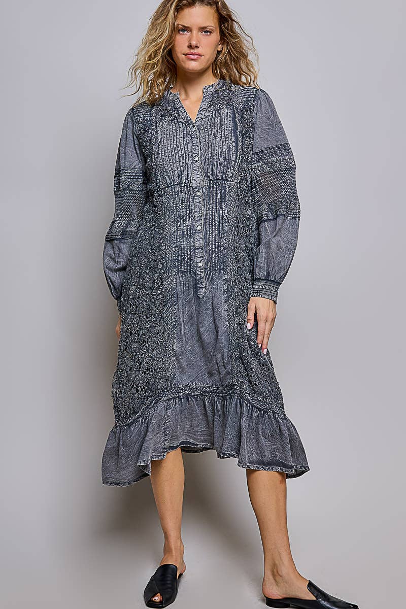 Vintage Pintuck Ruffle Washed Boho Dress