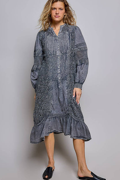 Vintage Pintuck Ruffle Washed Boho Dress