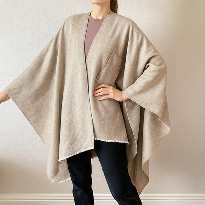 Beige Fringe Poncho Warm Open Front Shawl Cape