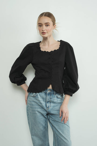 Square Neck Scallop Edge Hemline Blouse