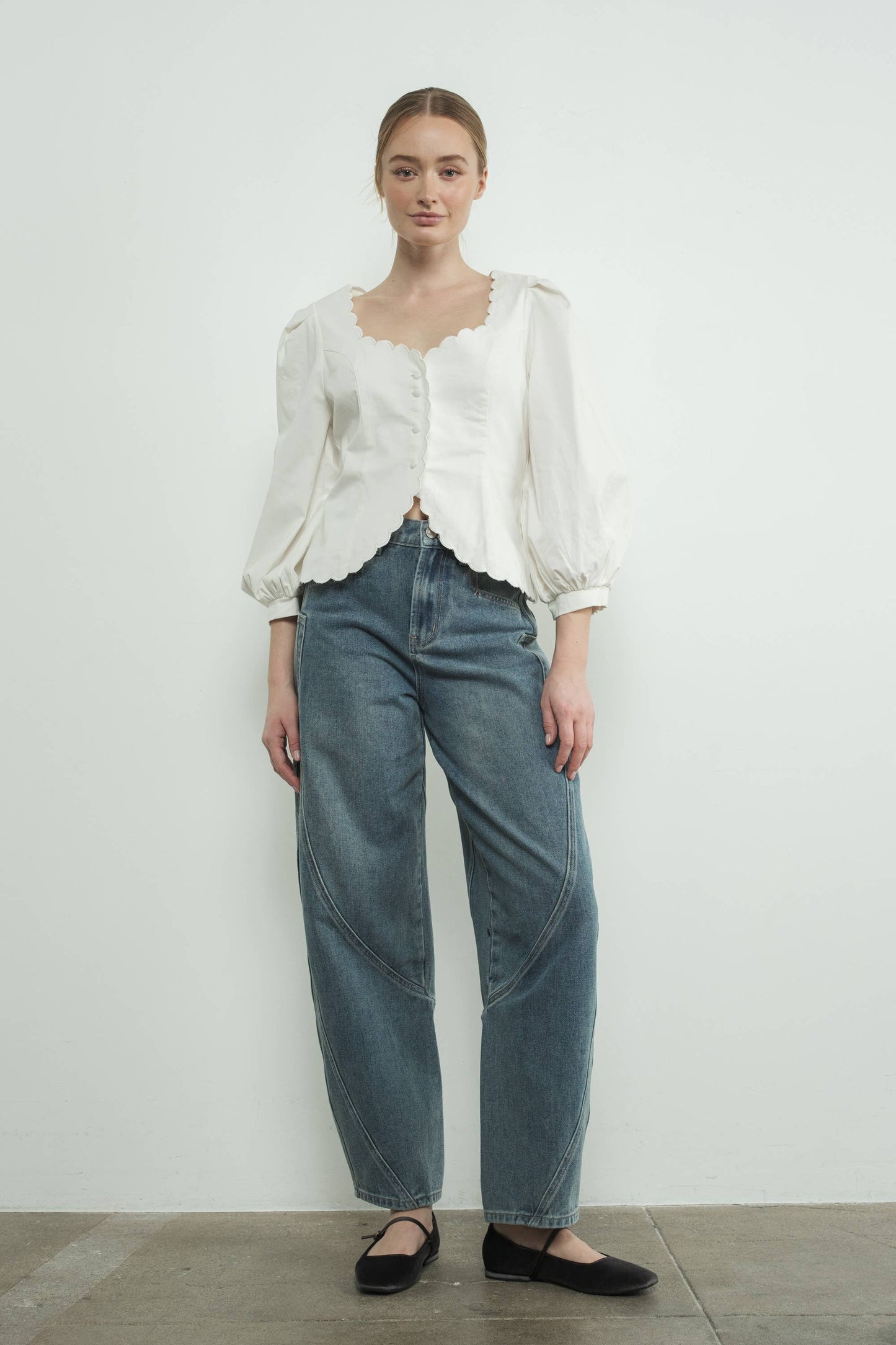 Square Neck Scallop Edge Hemline Blouse