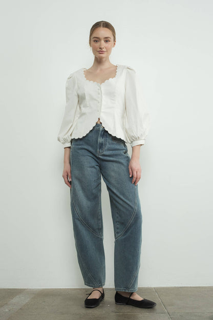 Square Neck Scallop Edge Hemline Blouse