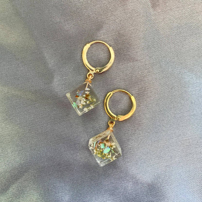 Unique Preserved Dandelion Cube Earrings