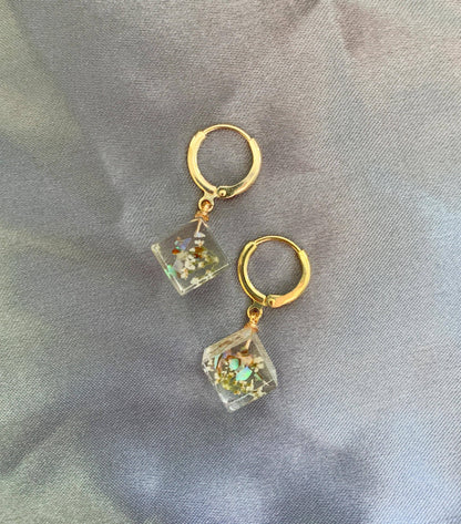 Unique Preserved Dandelion Cube Earrings