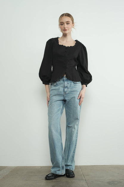 Square Neck Scallop Edge Hemline Blouse