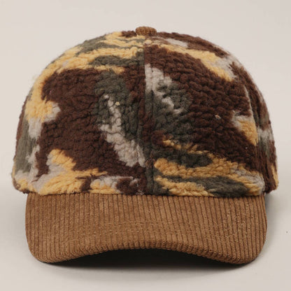 Sherpa Fleece Camo Baseball Cap with Corduroy Brim