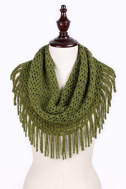 Olive Tube-Style Scarf with Fringe