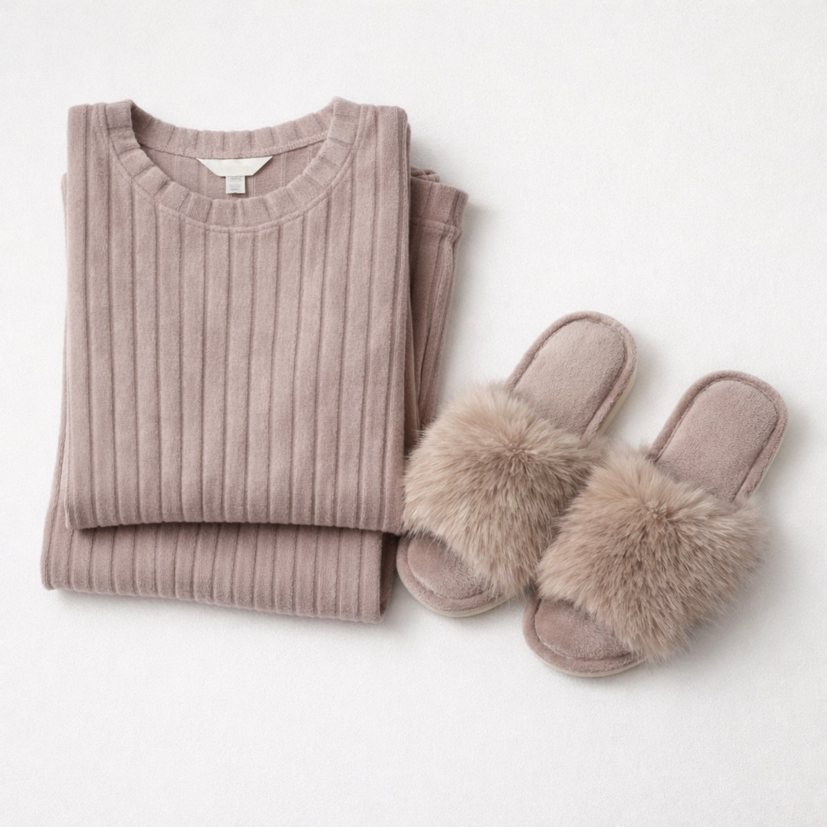 Ribbed Pajama Set + Faux Fur Slippers