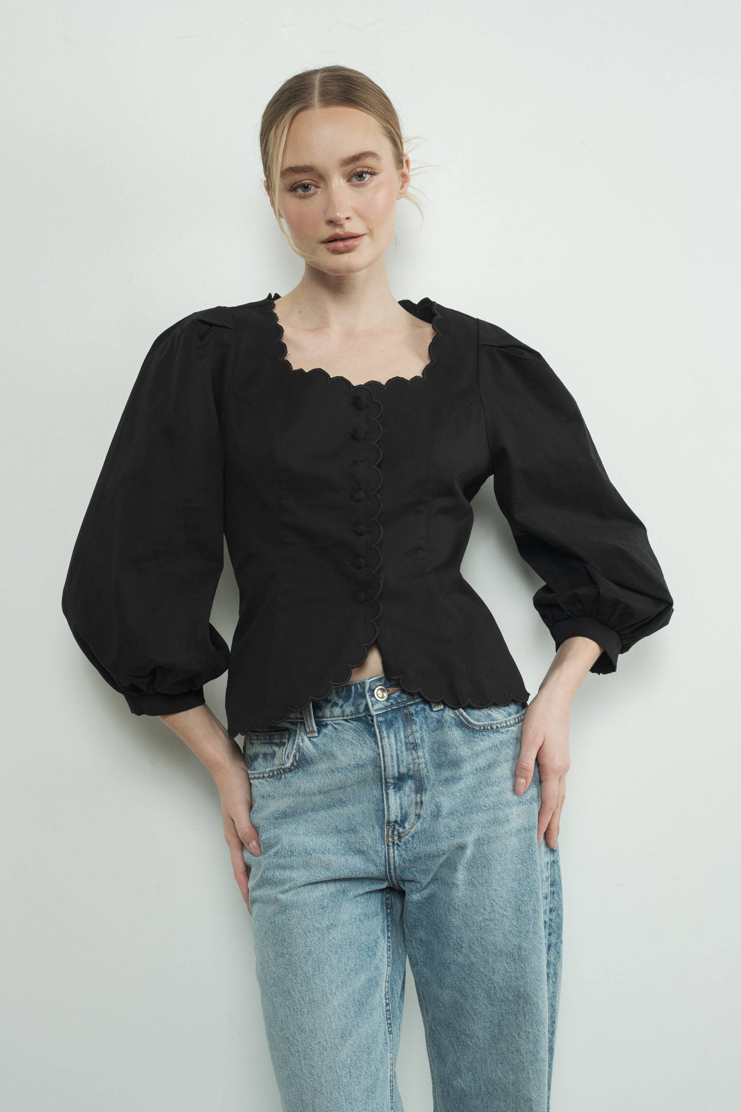 Square Neck Scallop Edge Hemline Blouse