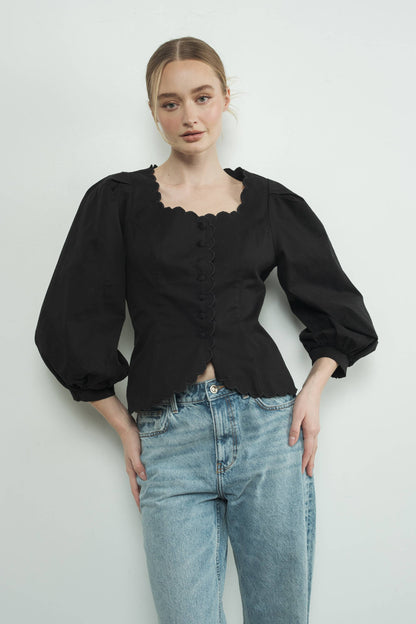Square Neck Scallop Edge Hemline Blouse