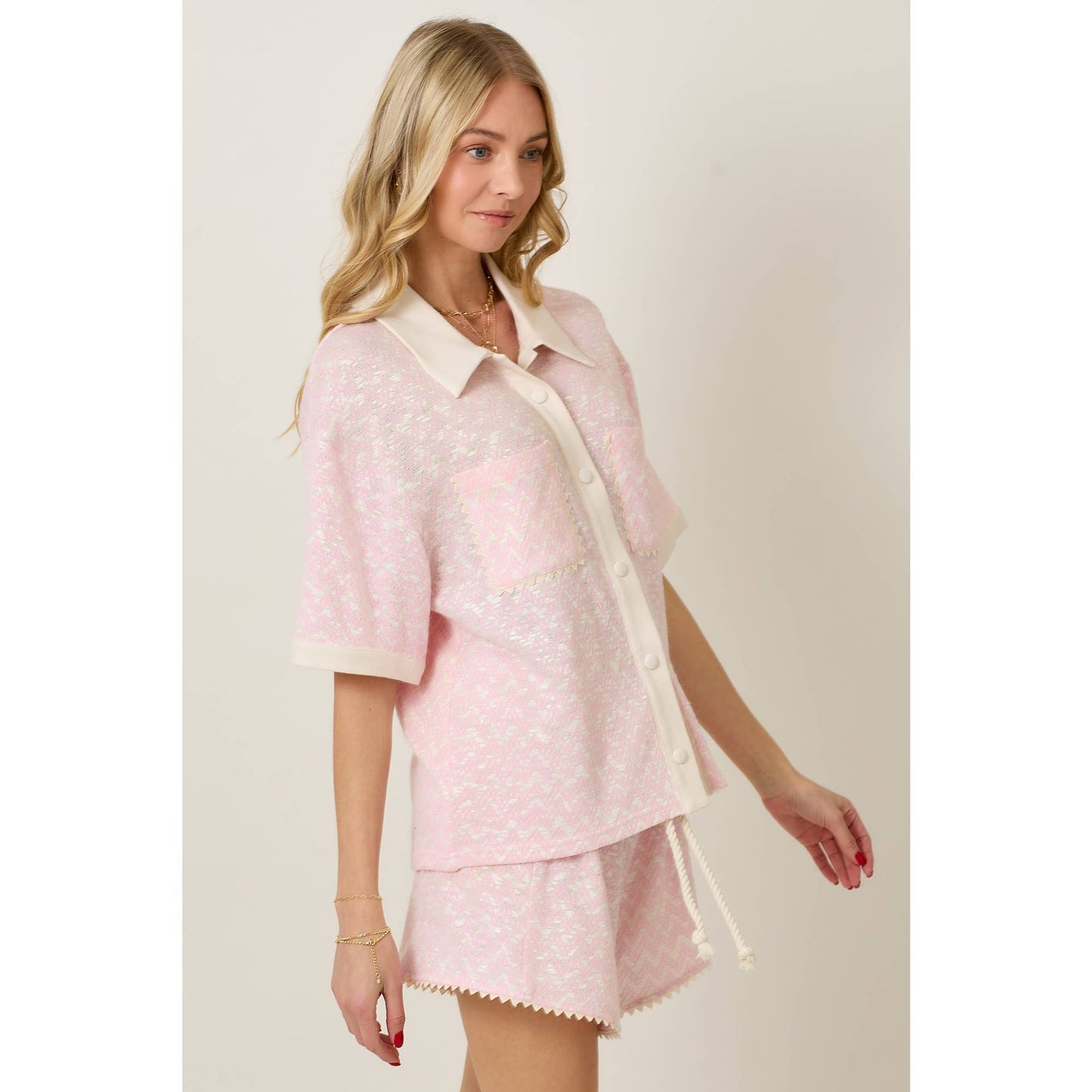 Skylar Rose - Knit Collar Short Sleeve Set With Contrast Detail