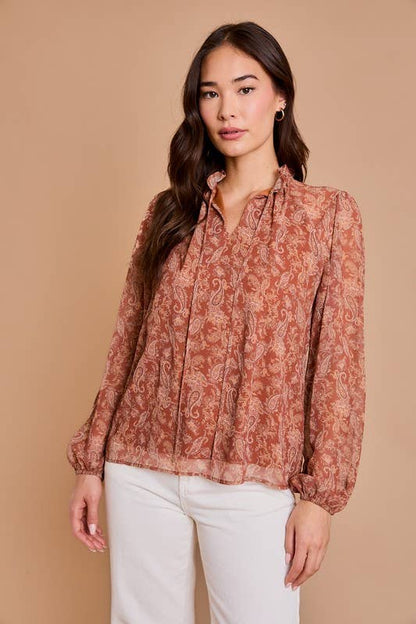 Long Sleeve Drawstring Neck Shirring Floral Print Top