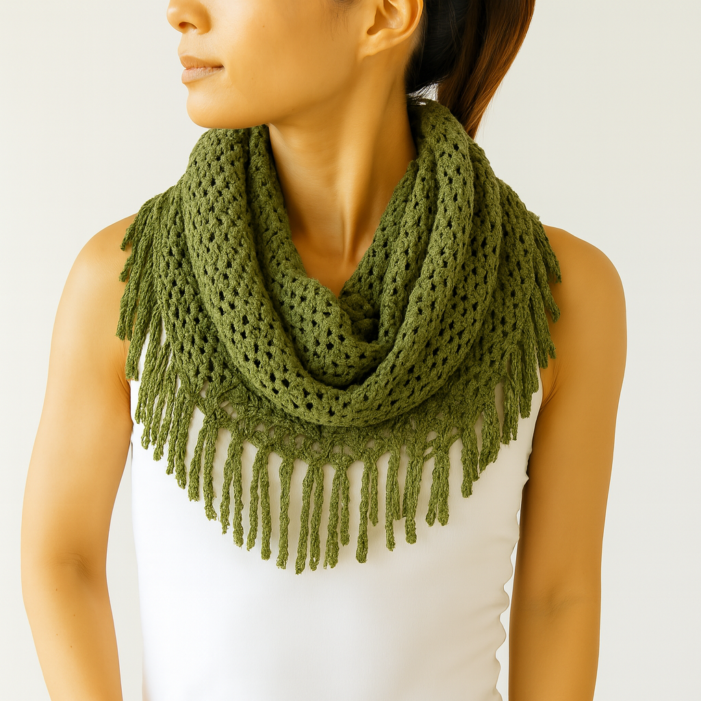 Olive Tube-Style Scarf with Fringe