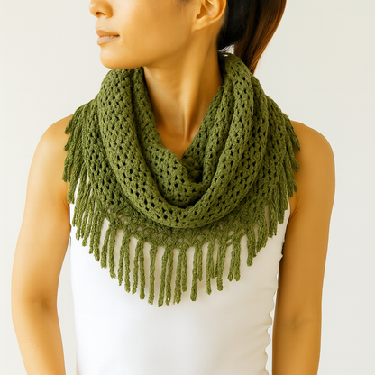 Olive Tube-Style Scarf with Fringe