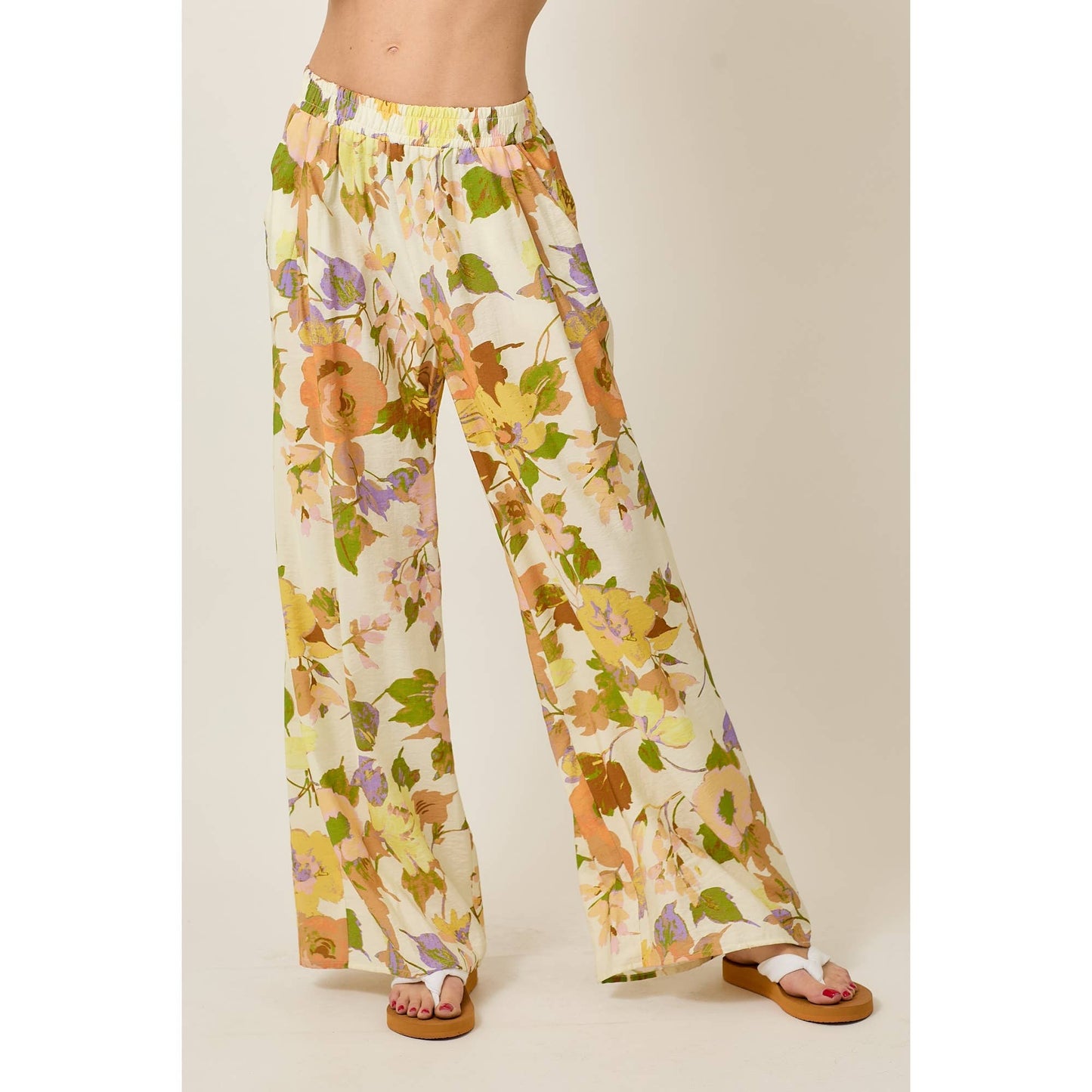Skylar Rose - Floral Wide-Leg Pants with Elastic Waistband & Pockets