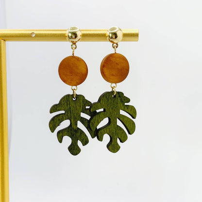 Unique Wood Monstera Leaf Earrings
