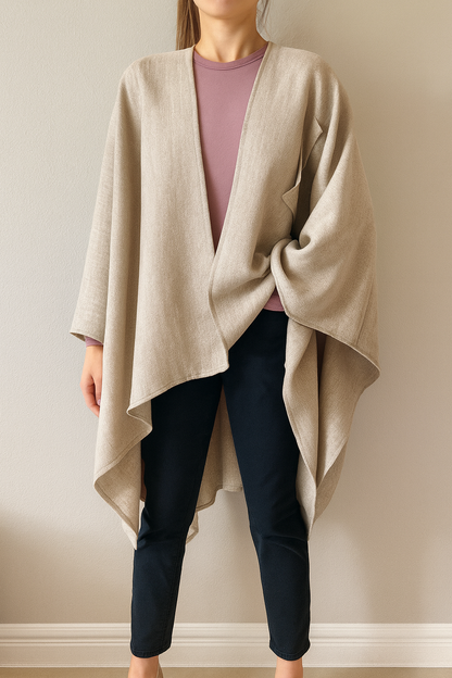 Beige Fringe Poncho Warm Open Front Shawl Cape