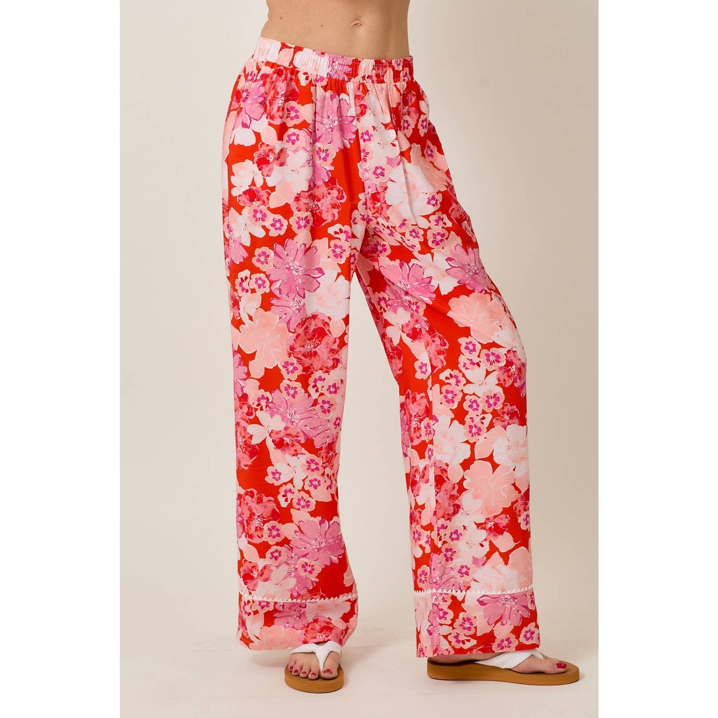 Skylar Rose - Floral Print Elastic Waistband Wide Leg Pants