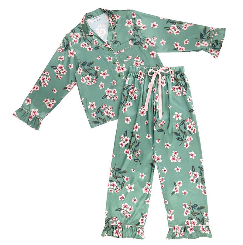 Ruffled PJ Set with Velvet Tie - Green + Cherry Blossoms