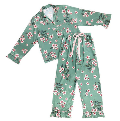 Ruffled PJ Set with Velvet Tie - Green + Cherry Blossoms
