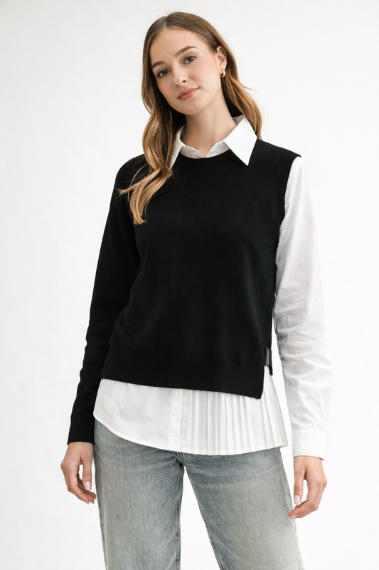 Wyatt Cotton Pleated Shirt with Knitted Sweater