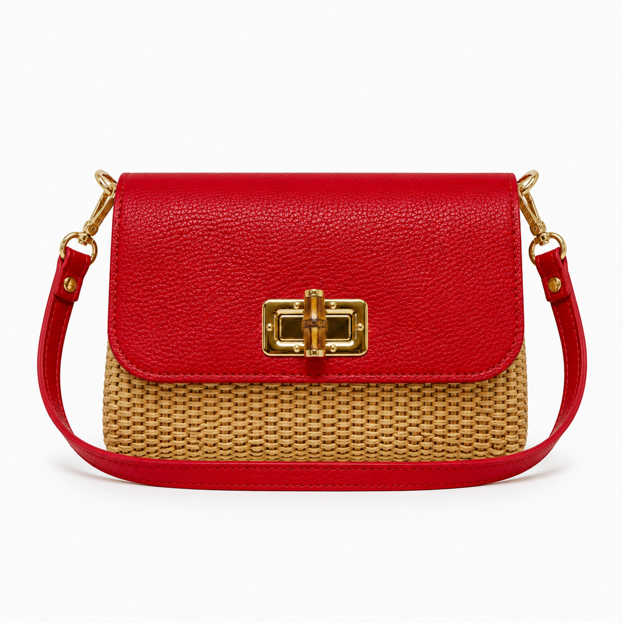 Leather Bamboo Clasp & Raffia Crossbody Bag
