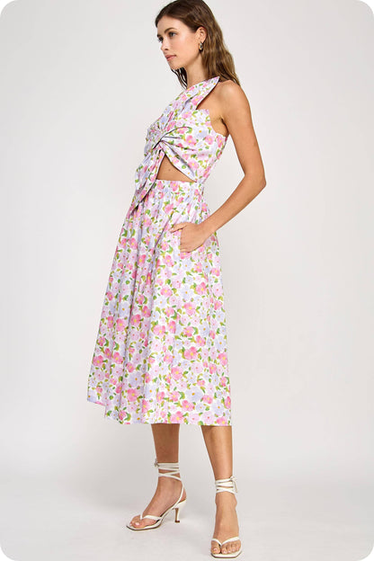 Strut & Bolt - Knotted Flower Bow Floral Print Midi Dress