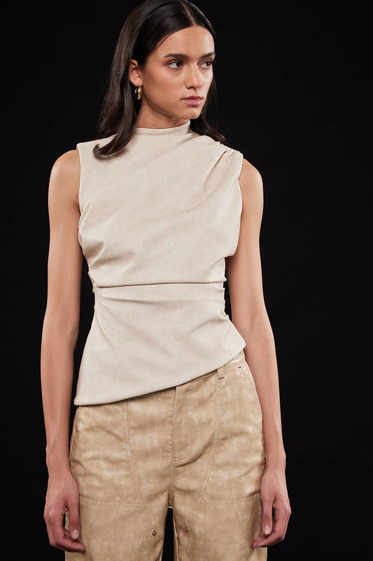 Asymmetric Pleather Mock Neck Sleeveless Top