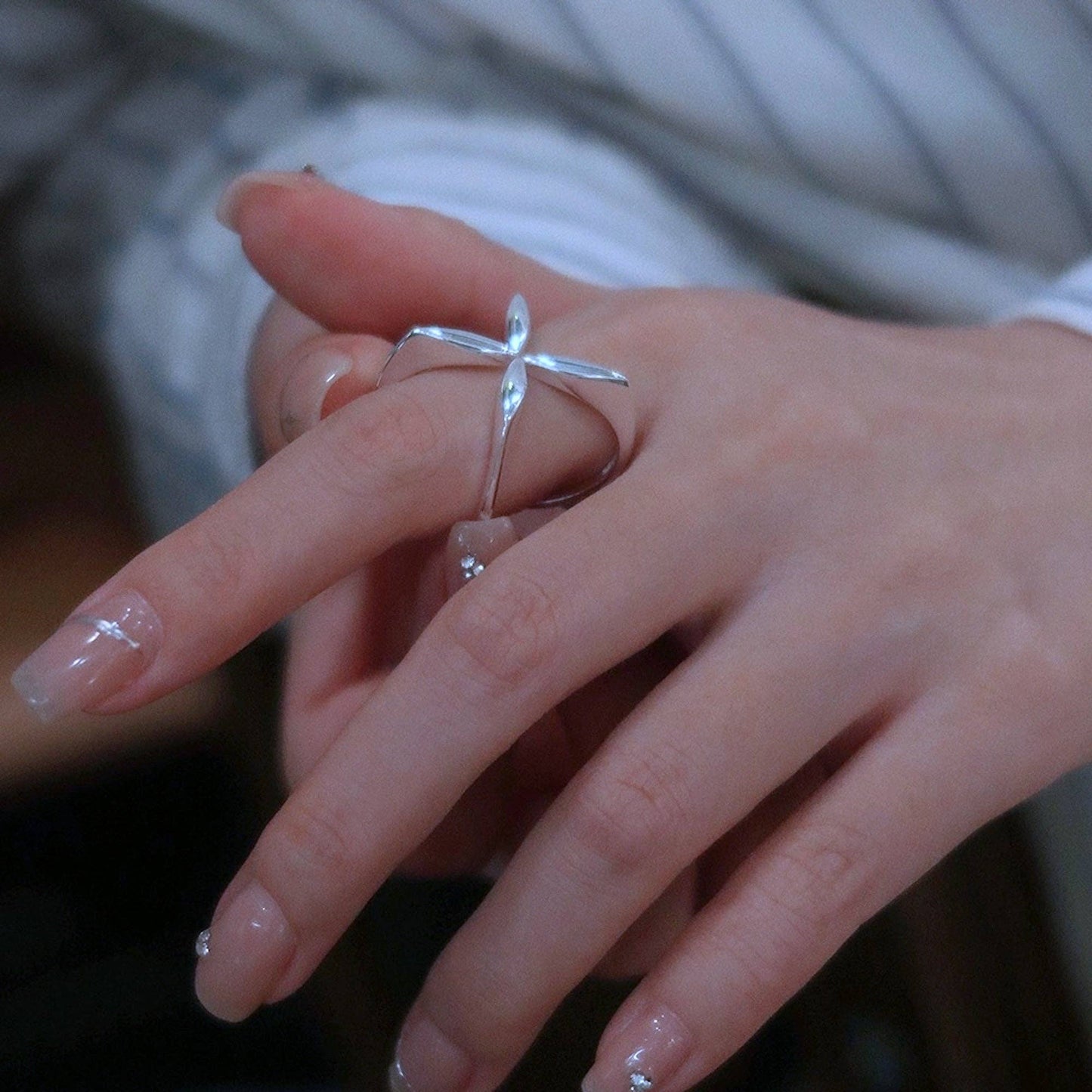 Minimalist Cross Flower Ring-Sterling Silver-Adjustable