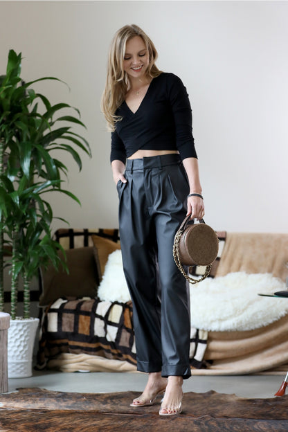 Brown Vegan Leather Pleat Front Pants