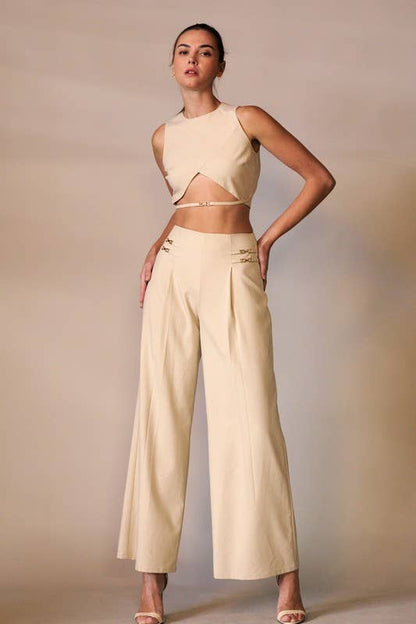 Endless Blu - LP1303 LINEN PANTS WITH DAINTY DOUBLE SIDE STRAP DETAIL
