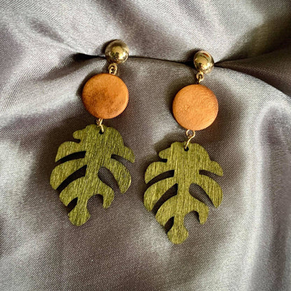 Unique Wood Monstera Leaf Earrings