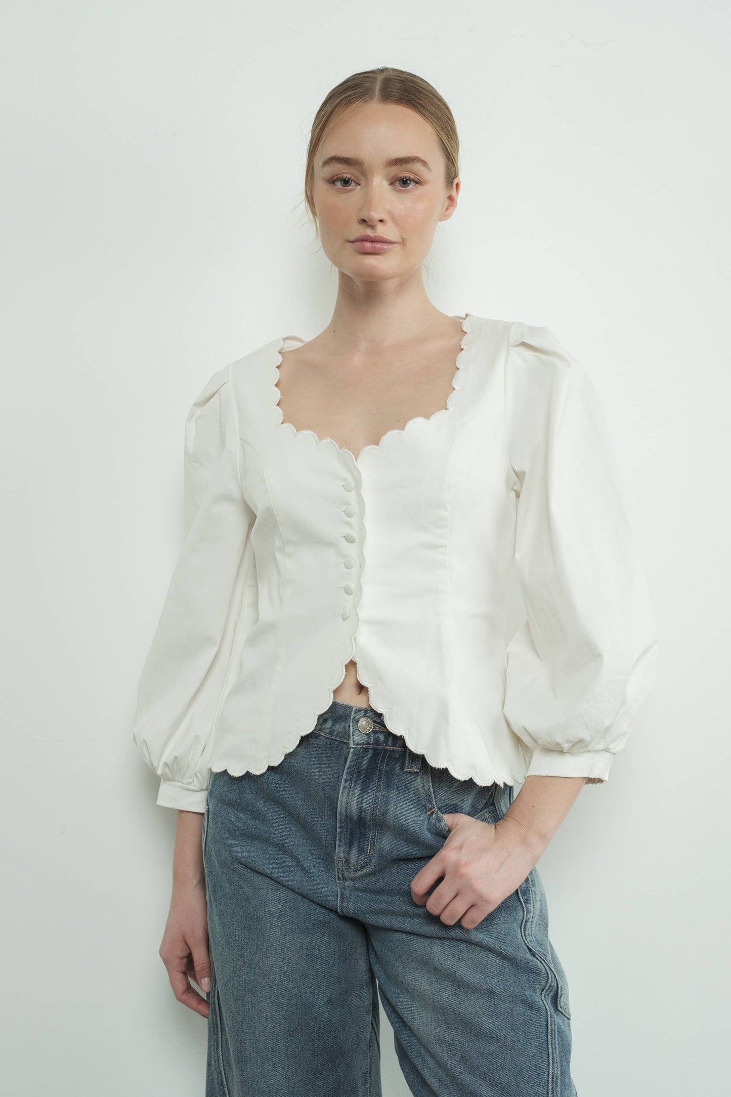 Square Neck Scallop Edge Hemline Blouse