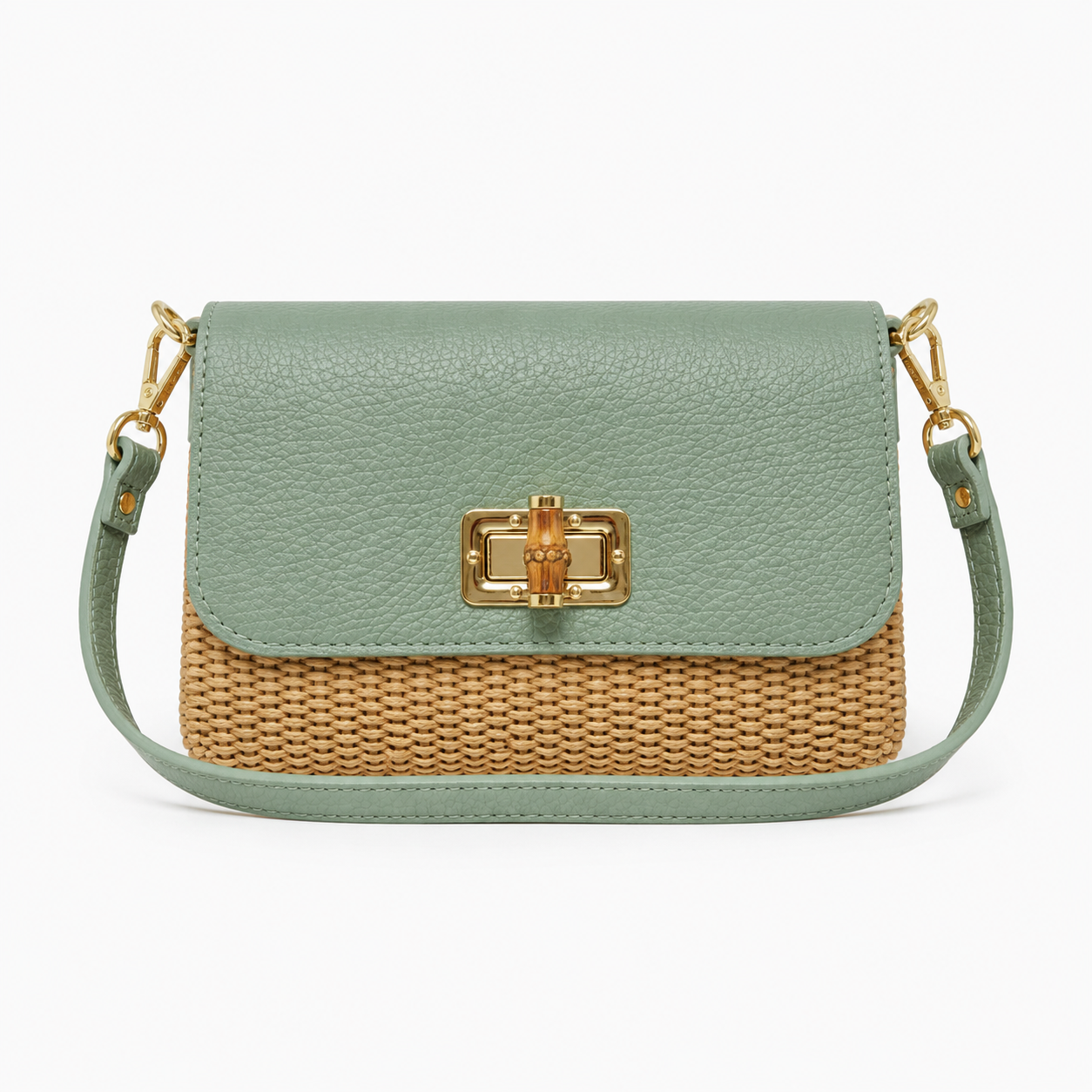 Leather Bamboo Clasp & Raffia Crossbody Bag