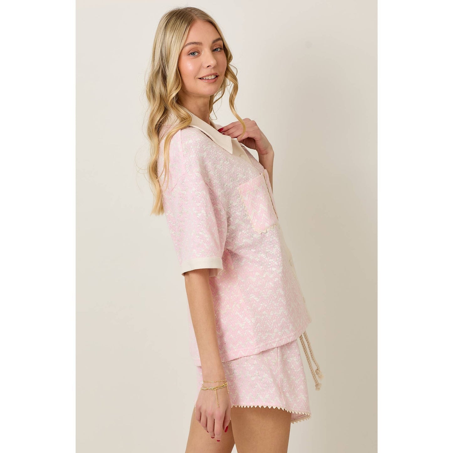 Skylar Rose - Knit Collar Short Sleeve Set With Contrast Detail