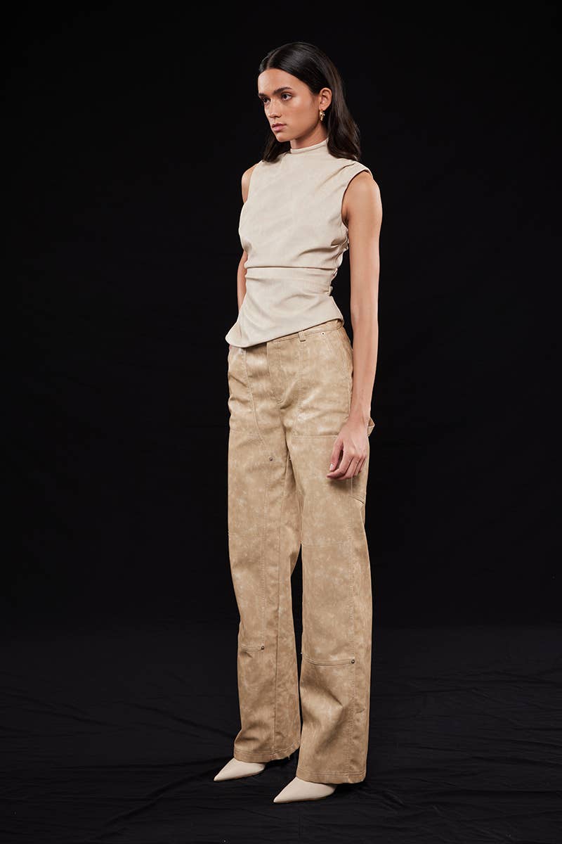 Asymmetric Pleather Mock Neck Sleeveless Top