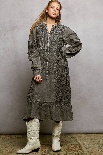 Vintage Pintuck Ruffle Washed Boho Dress