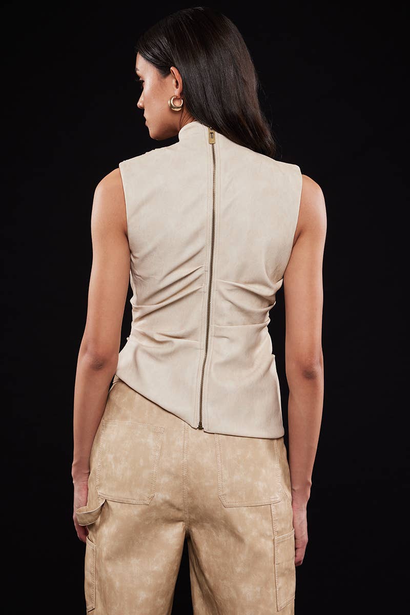 Asymmetric Pleather Mock Neck Sleeveless Top