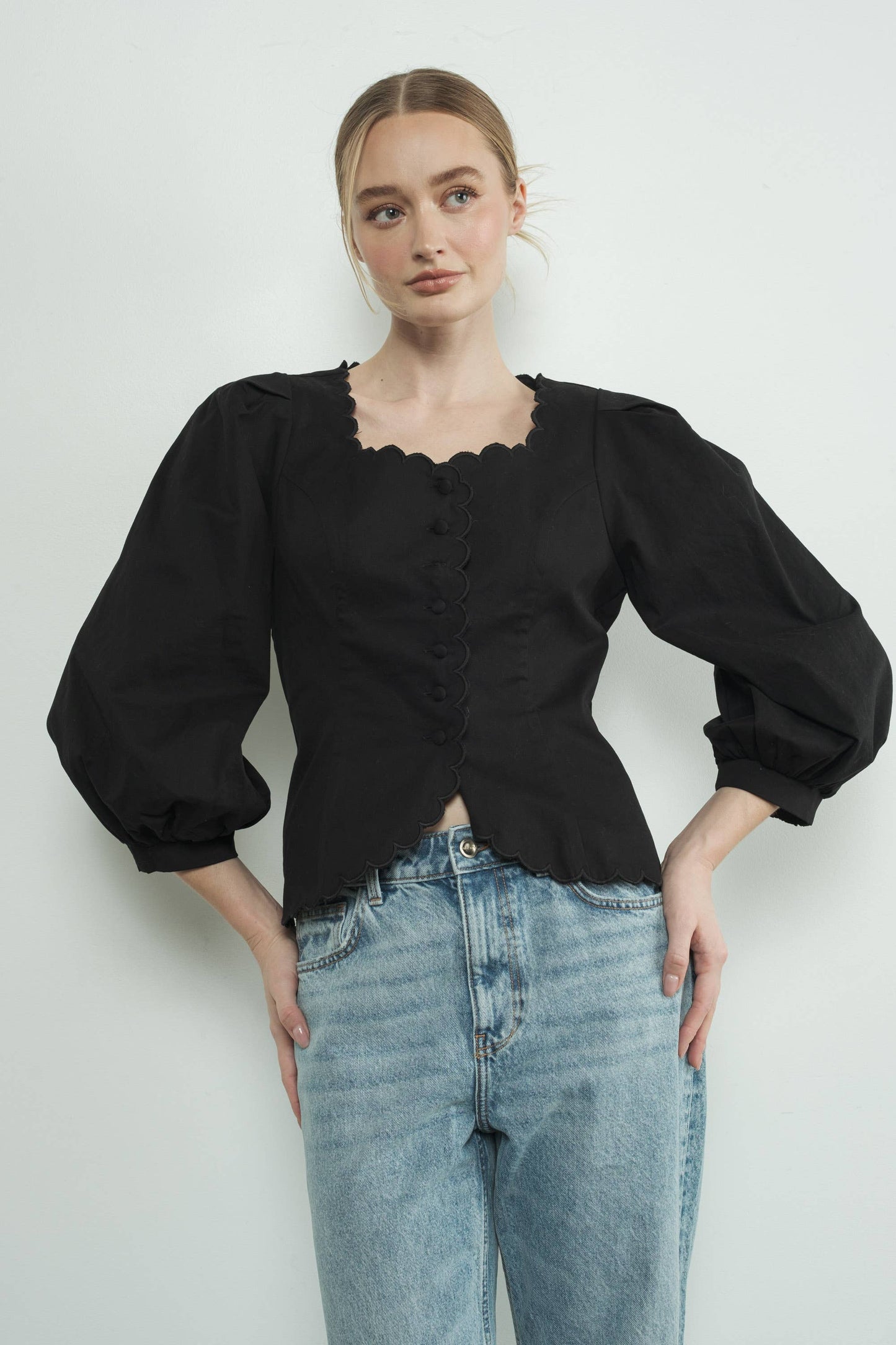 Square Neck Scallop Edge Hemline Blouse
