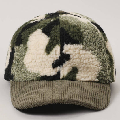 Sherpa Fleece Camo Baseball Cap with Corduroy Brim