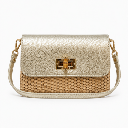 Leather Bamboo Clasp & Raffia Crossbody Bag