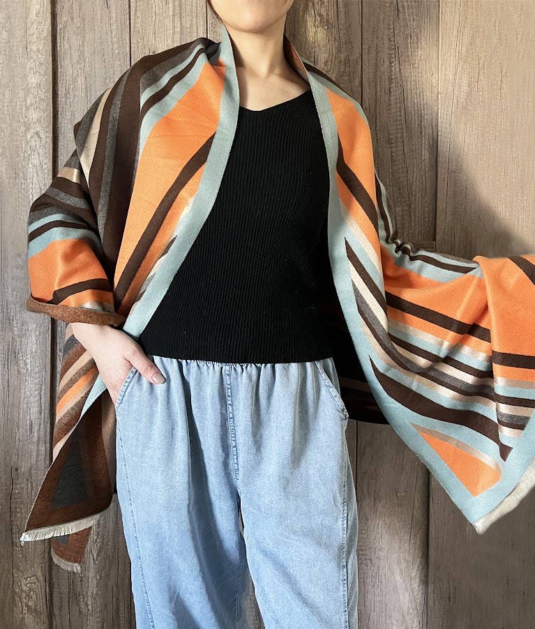 Elegant Orange Multi Striped Cashmere Blend Large Wrap Scarf