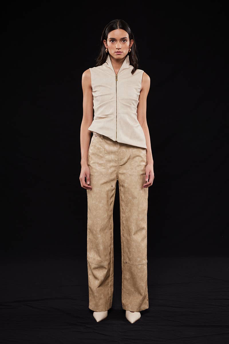 Asymmetric Pleather Mock Neck Sleeveless Top