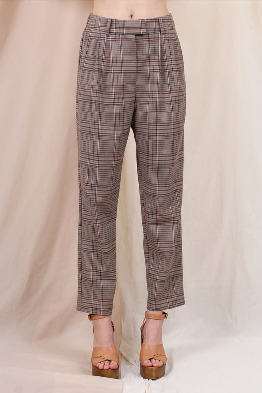High Waisted Brown Plaid Pleated Chic Pants